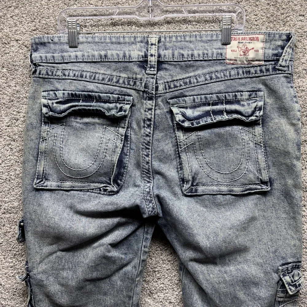 True Religion Ricky Carpenter Cargo Jeans Men's Size 38x33 Acid Wash Flap Pocket